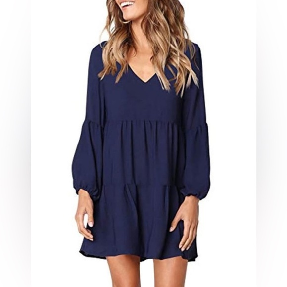 Women’s Long Sleeve Ruffle Tiered Dress Navy Size XL - Picture 3 of 6